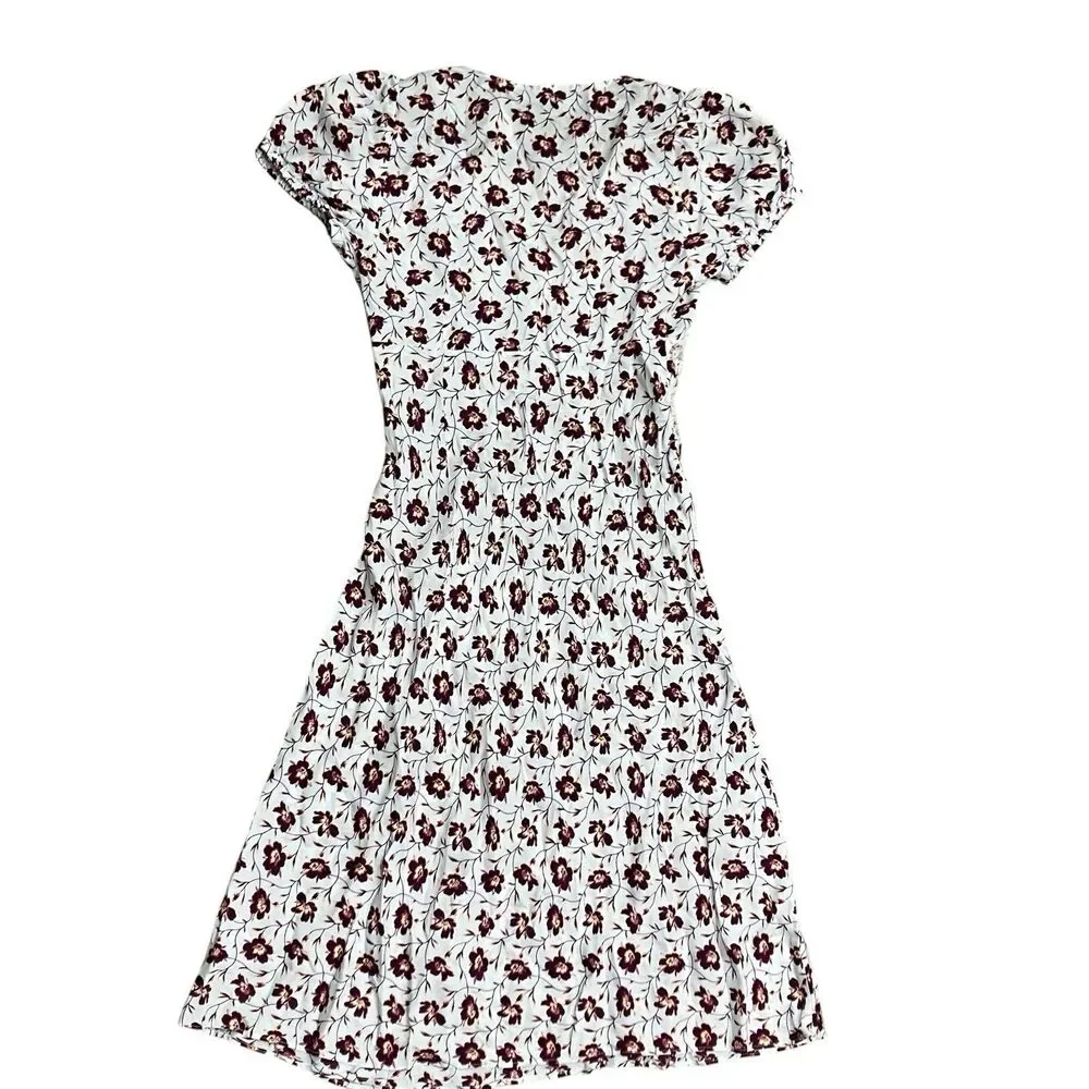 J Crew Midi Floral Lace Trim Dress Womens 0 White Burgundy V Neck Puff CS846